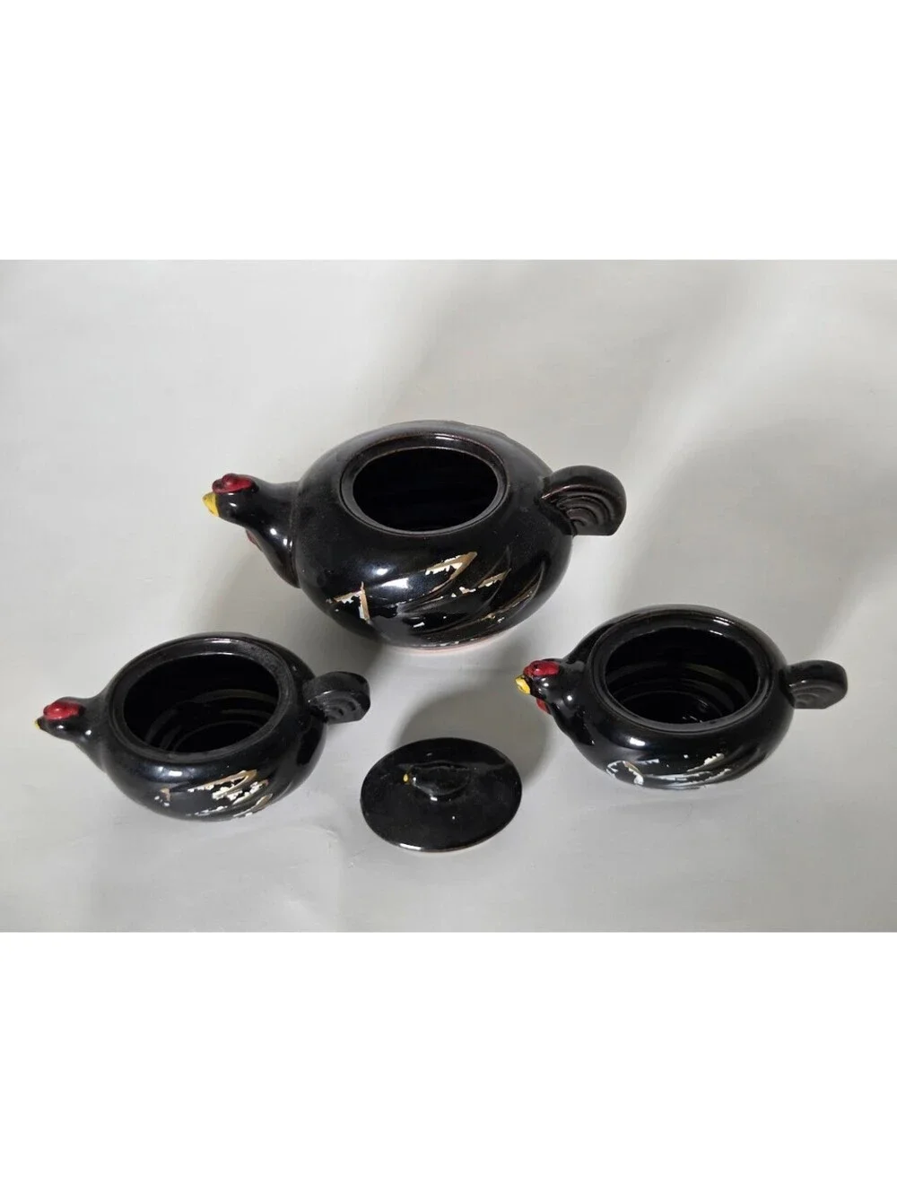 Vintage Black Hen Stacking Chicken Sugar Creamer Salt Ceramic Trio Set USA